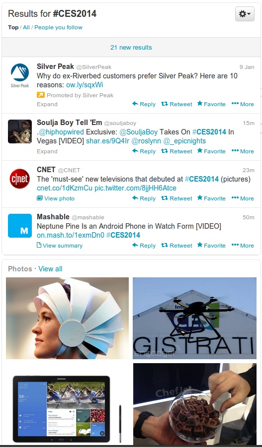 Event-specific hashtags, such as #CES2014 for the 2014 Consumer Electronics Show, are a great way for people to connect their experiences and content with your event