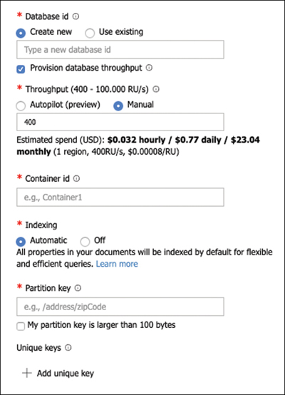 This is a screenshot of the New Collection panel. The Database ID setting shows Create New and Use Existing options. A text box allows you to enter a new database ID, and the Provide Database Throughput option is selected. The Throughput (400 - 100,000 RU/s) setting can be configured to Autopilot (preview) or Manual. The Manual option is selected. A text box controls the value for the Throughput setting. Currently, this is set to 400. Below this entry box, text reads Estimated spend (USD): $0.032 hourly / $0.77 daily (1 region x 400RU/s x $0.00008/RU). The Container ID setting shows a blank text box into which you can type a new Container ID. The Indexing option offers the options Automatic and Off. The Automatic option is selected. The last setting, Unique Keys, does not show any options. An Add Unique Key button appears at the bottom of the dialog box.