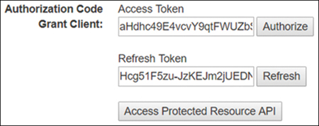 This is a screenshot of the Authorization Token section of the example web application. There are two text boxes-one for the Access Token and another for the Refresh Token. Next to the Access Token text box is an Authorize button. Next to the Refresh Token is a Refresh button. At the bottom is an Access Protected Resource API button.