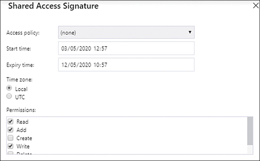 This is a screenshot of the Account SAS policy. In the Allowed Services section, options for Blob, File, Queue, and Table are shown; Blob is selected. In the Allowed Resource Types section, options for Service, Container, and Object are shown, and all three are selected. In the Allowed Permissions section, options for Read, Write, Delete, List, Add, Create, Update, and Process are shown, and all options except Update and Process are selected. 