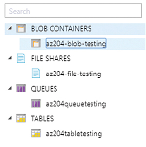 This is a screenshot of the Storage Explorer (Preview) tool. A tree-structured control contains four services: Blob Containers, File Shares, Queues, and Tables. Each service has a child element that represents a container.