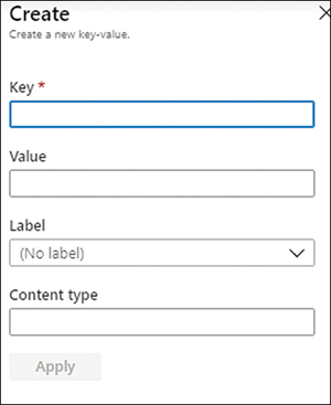 This is a screenshot of the Create A New Key-Value panel. There are four settings distributed vertically. On top of the settings, there is the title of the panel with the text Create. Below the title, there is a description with the text Create a new key-value. From top to bottom, the settings are Key, Value, Label, and Content Type. All settings are text boxes except Label, which is a drop-down menu with the value (No Label) selected. Below the Content Type text box, there is a disabled button with the text Apply.