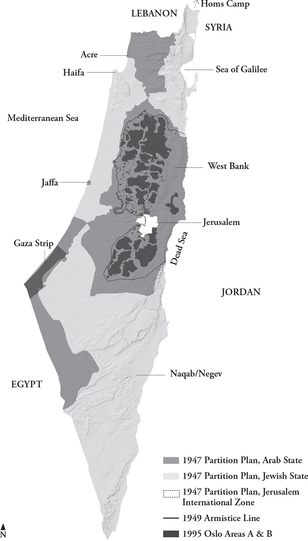 A map of Palestine and Israel with the regions corresponding to the Arab State and the Jewish State and the Jerusalem International Zone according to the 1947 Partition Plan; the region included in the 1949 Armistice Line; and the 1995 Oslo Areas A and B.