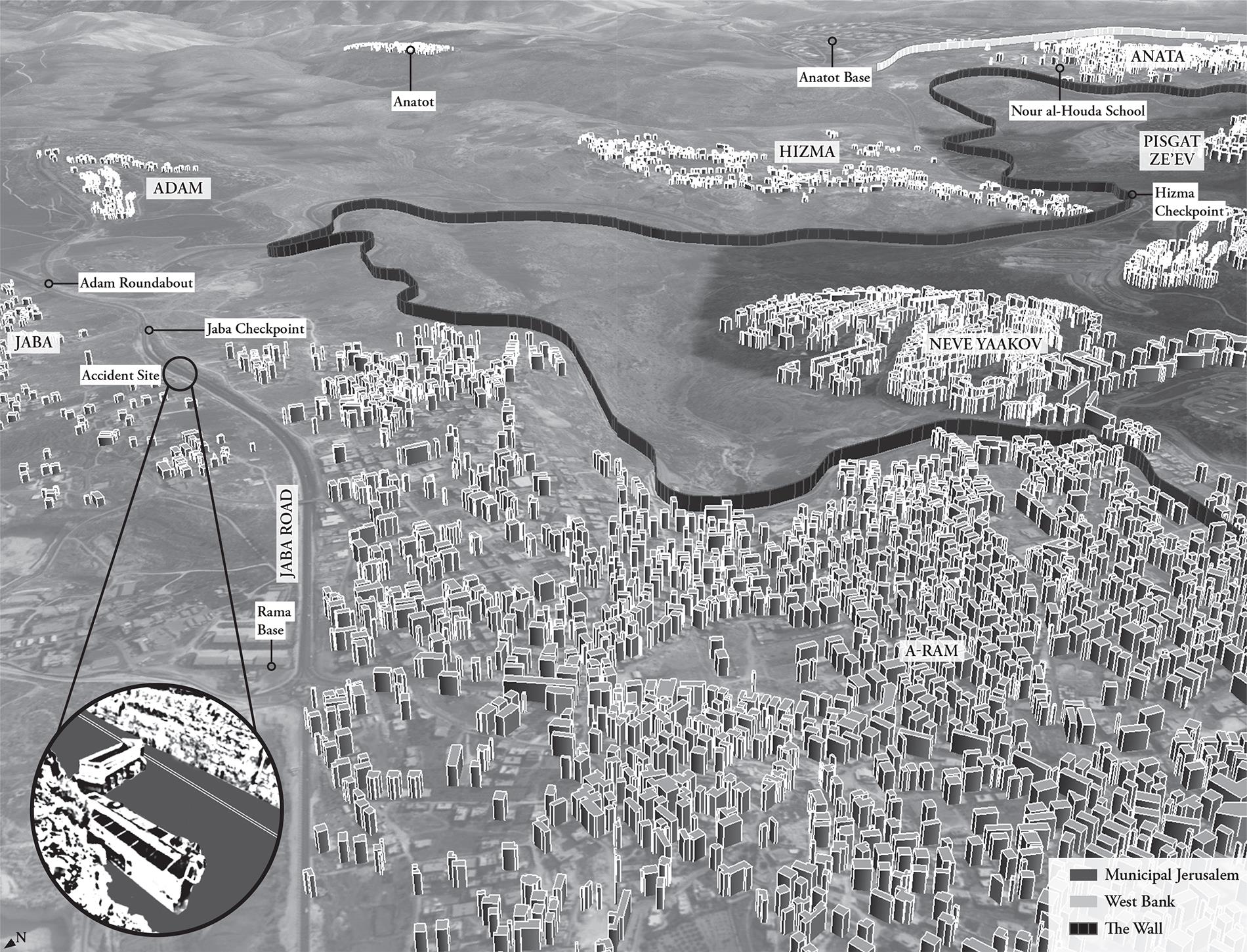 A map of the locations along the Jaba Road. The locations are Rama Base, the accident site, Jaba checkpoint, Adam Roundabout and Adam. The other locations in the West Bank are A-Ram, Anatot and its base, Hizma, Anata and a school. Municipal Jerusalem is separated from the West Bank by the wall.