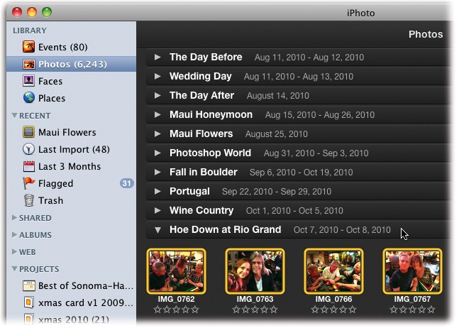 This tidy arrangement is the fastest way to use iPhoto: Display the photos grouped by Event, and then hide the photo batches you’re not working with. Click the flippy triangle beside each header to expand or collapse the Event, just like a folder in the Finder’s list view.You can click anywhere on an Event’s dividing line—on the Event’s name, for example—to select all the photos in that Event. You might do that before dragging them into a book or calendar project, for example.