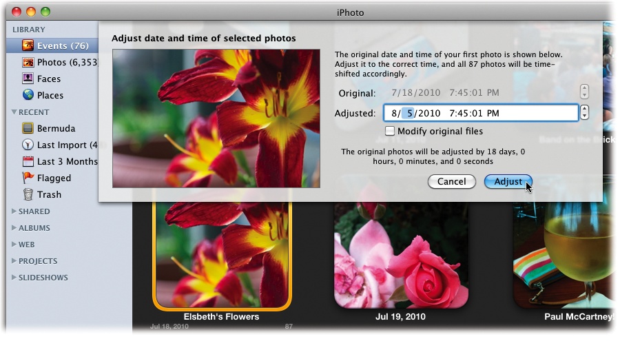 Feel like changing history? As long as you don’t turn on “Modify original files,” the real shot date of your photos remains intact as part of its metadata (see the Tip on page 80). Changing an Event’s date can help your Events appear in the correct chronological order.