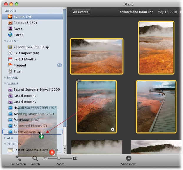 When you drag multiple photos into an album, a little red numeric badge appears near the pointer, telling you exactly how many items you’ve got selected. In this example, six pictures are being dragged en masse into a photo album.