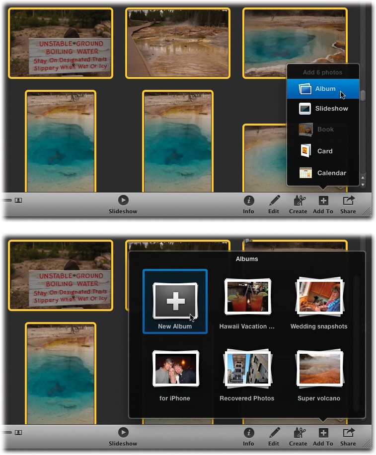 Top: When you click the new Add To icon at the bottom of your iPhoto window, a menu opens that lets you add the selected photos (or Event) to an album, slideshow, project, and so on.Bottom: When you click Album, another menu appears that lets you create a new album or choose an existing one to hold the photos.