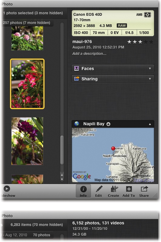 Top: When you open the Info panel with a photo selected, you see all manner of details at the top right. If you select a photo with Faces or Places tags, you see those here, too. If the photo has been published to Facebook, Flickr, MobileMe, or emailed from inside iPhoto, a Sharing section appears. Click any section’s name—Faces, Sharing, or Places—to expand or collapse it.Bottom: If you click Events or Photos in your Source list, but have no single Event selected, the date-range statistic shown here is pretty cool. It amounts to a stopwatch measuring the span of your interest in digital photography (in the iPhoto era, anyway).Similarly, the file-size info can be extremely useful when creating backups, copying photos to another disk, or burning CDs or DVDs. One glance and iPhoto tells you exactly how much disk space you’ll need to fit the current album, folder, or Event. (That said, iPhoto is perfectly capable of splitting your library across a number of CD/DVDs. You’ll learn about that in Chapter 13.)