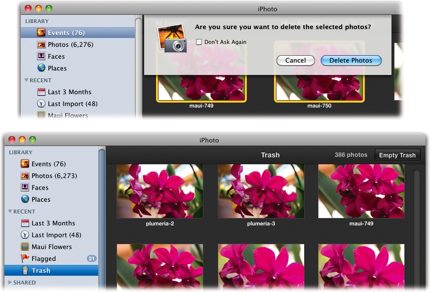 Top: When you try to delete a picture, iPhoto asks for confirmation.Bottom: Even if you toss a photo into the Trash, it’s not really gone—it’s just relocated to iPhoto’s Trash folder. Clicking the Trash icon in the Source list shows you all the photos awaiting obliteration, and displays the total number of files at the top right of the iPhoto window. If you really want to delete them from your hard drive, click the Empty Trash button (also at the upper right).