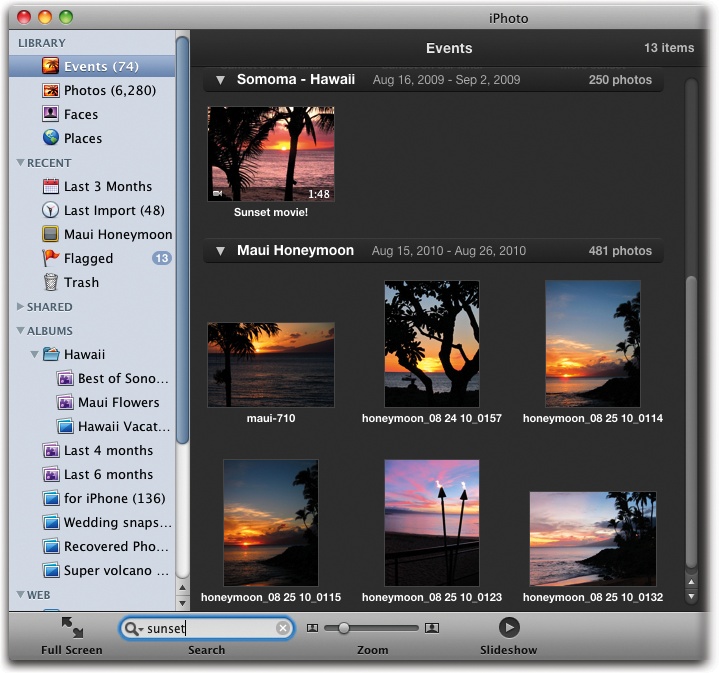 Click the at the bottom of the iPhoto window to open the Search box. As you type, iPhoto hides all pictures except the ones that have your typed phrase somewhere in their titles, keywords, descriptions, Faces, Places, file names, or Event titles. In this case, the word “sunset” appears somewhere in every photo. (To cancel your search and reveal all the pictures again, click the at the right end of the Search box.)Keep in mind that iPhoto restricts the search to the currently selected container. For example, if you want to search all your Events, make sure you don’t have any Events selected when you trigger the search.