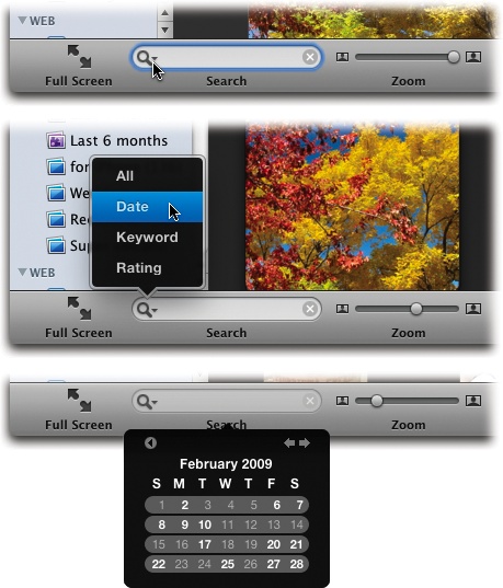 Top: If you click the in iPhoto ’11’s toolbar, you’ll see the Search field shown here, and its little pop-up menu.Middle: To make the calendar appear, choose Date.Bottom: Click a day, week, month, or year on the calendar to round up only the photos taken in those time intervals.