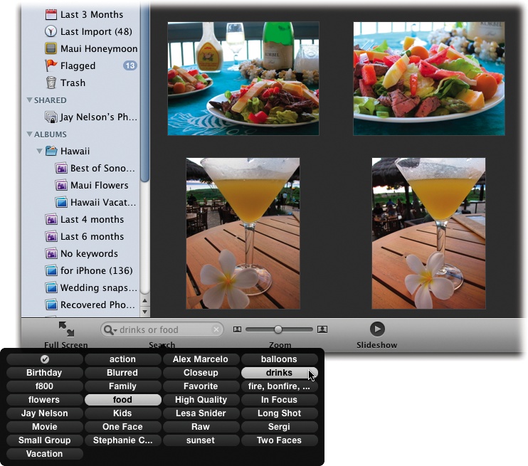 As you click keyword buttons, iPhoto hides all photos except the ones that match. The gray lettering in the Search box identifies, in words, what you’re seeing. In this example, the keyword Food was clicked first, and then Drinks was Shift-clicked, which is why the search field says “drinks or food.”