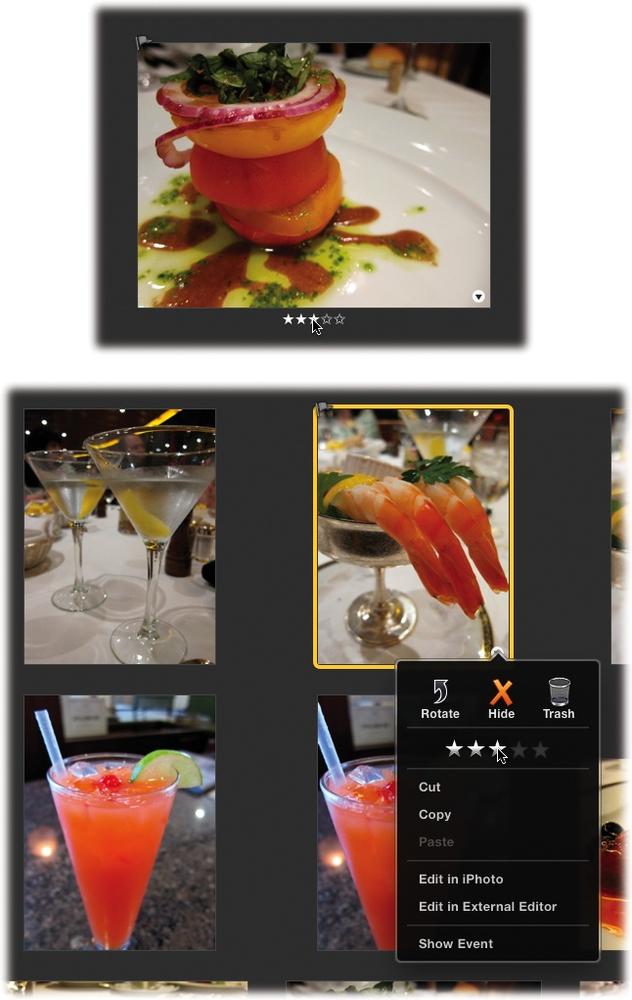 Top: By choosing View→Ratings, you can see the star ratings you’ve assigned to each photo and, if you point to a thumbnail without clicking, iPhoto produces a row of hollow stars you can use to rate that photo. Click the star that represents the rating you’d like to bequeath. For example, to apply a three-star rating, click the third star (you don’t have to click each individual star). To remove the rating, click just left of the first star.Bottom: The stars in this shortcut menu work the same way—just click the star for the rating you want to apply, or click to the left of the stars to take the rating away.