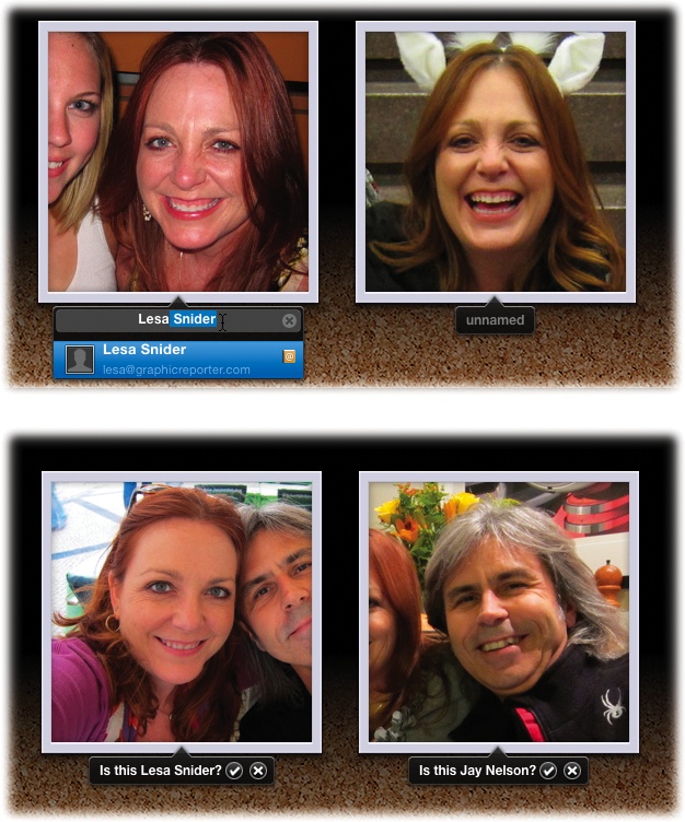 Top: As soon as you begin typing a name, iPhoto tries to match it with the names in your Address Book. If the person isn’t in your Address Book, feel free to type anything you want.Bottom: As soon as you start tagging faces, iPhoto begins making suggestions for you. If iPhoto guesses correctly, click the ; if not, click the and enter a new name. The more faces you confirm, the better iPhoto will be at tagging them in other photos.