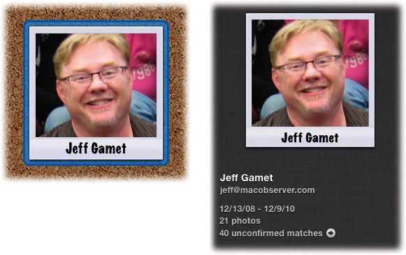 Top: By selecting a face and then opening the Info panel, you can edit your buddy’s name and email address.Bottom: If you take the time enter the person’s full name and email address here, any future photos you confirm in iPhoto and upload to Facebook will carry along the same tags. This gives you more time to do other stuff on Facebook, like SuperPoking your buddies.