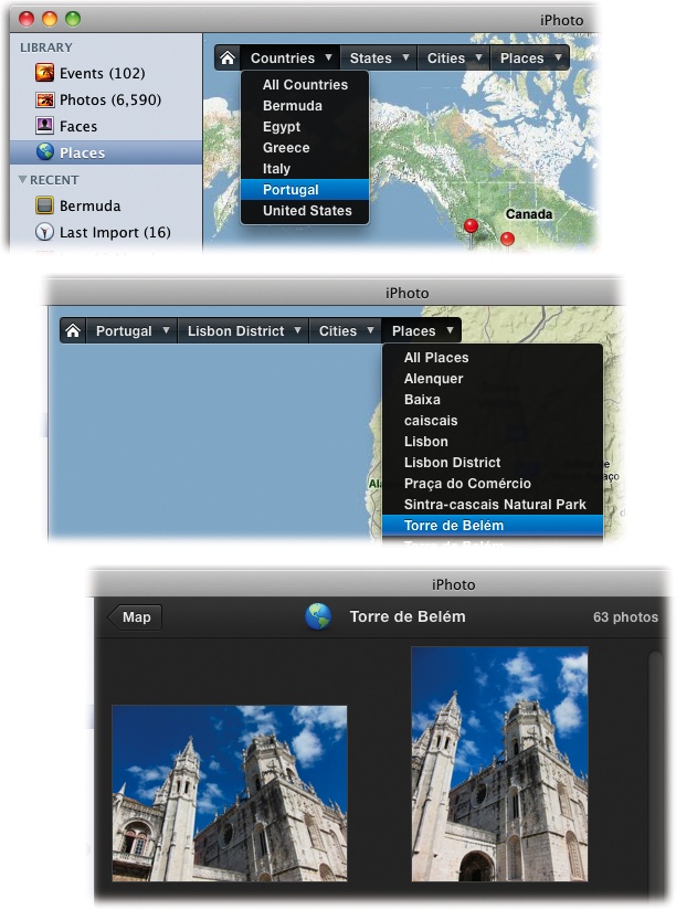 It’s like iTunes for pictures! These new floating lists let you see Places information by country, state/province, town, and even down to a landmark, making it easy to pull out all the photos from a certain location.To see all the places you’ve pinned in Portugal, for example, click Portugal in the Countries column. To drill down to see all the photos taken in a particular city, click the city’s name in the Cities column. Keep clicking across the columns to get to just the markers pinned in a certain town or location.To see the photos pinned to a certain spot, click the pin and then click the tiny right-pointing arrow to its right (or click the Show Photos button in the iPhoto toolbar).