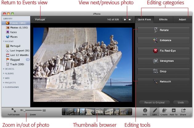 iPhoto ’11’s fancy new Edit view.To exit Edit view and return to Events or Photos view, click the Edit button on iPhoto’s toolbar again, press Return, or click the arrow-shaped button near the top left of the iPhoto window.