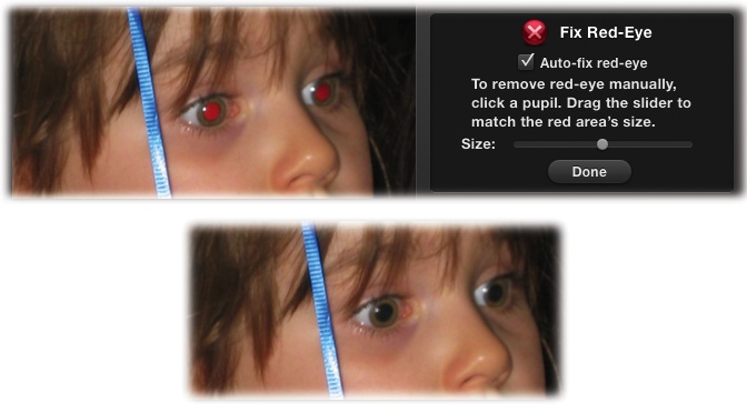 Top: When you click the Quick Fix panel’s Fix Red-Eye button, instructions appear telling you what to do: Click carefully inside each affected pupil.Bottom: Friends and family members look more attractive—and less like Star Trek characters—after you touch up their phosphorescent red eyes with iPhoto.