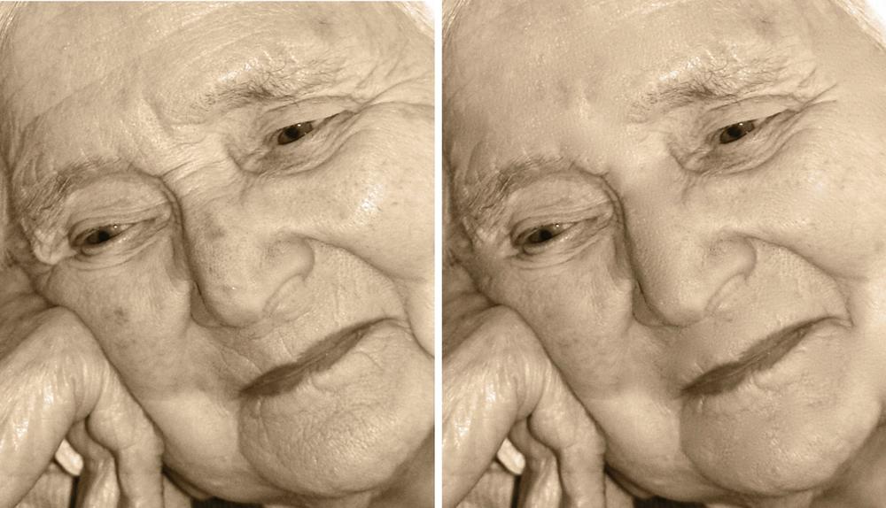 Most of the time, the Retouch brush works like magic; but sometimes, it creates bizarre artifacts. In those cases, press ⌘-Z to undo your latest stroke.Overall, though, you can see how the Retouch brush can help an original photo (left) by softening wrinkles and hiding blemishes (right), like an application of digital Botox.