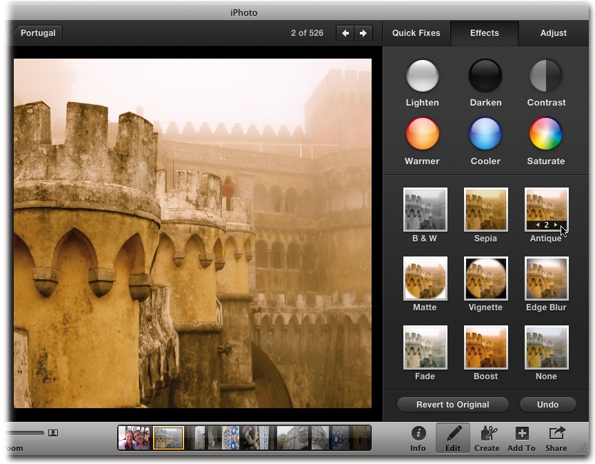 By clicking the Effects tab in Edit view, you summon a panel filled with 14 different clickable effects (up from 8 in iPhoto ’09), good for a solid 10 minutes of photo-editing fun.The Antique effect is shown here.