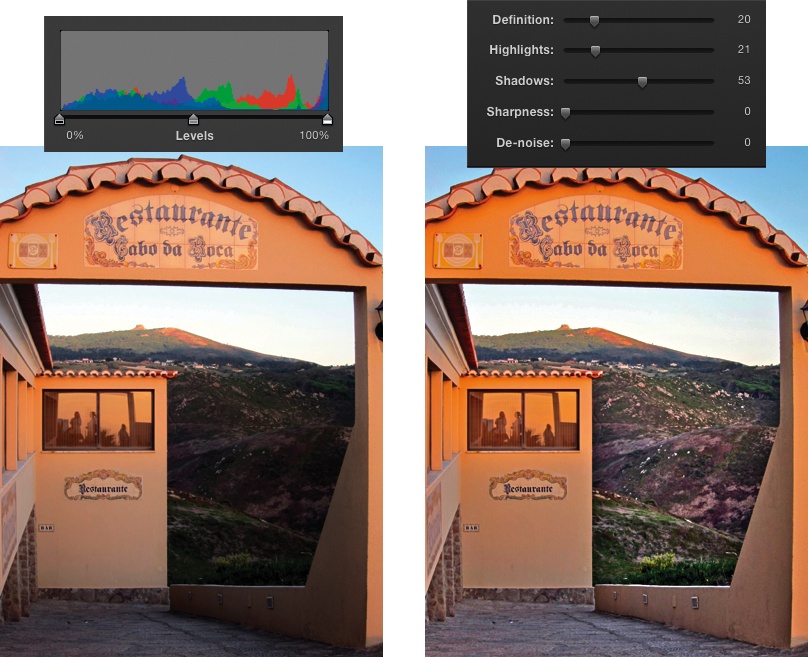 The Highlights and Shadows sliders are just more examples of the power tucked into the Adjust panel.Left: Even though the histogram for this photo looks pretty good—it has a full range of darks and lights—there’s a lot of detail lost in the shadows.Right: Drag the Shadows slider to the right and presto! A whole world of detail emerges. Drag the Highlights slider slightly to the right and a little more color comes back into the sky. (The Saturation slider was also boosted a tad.)