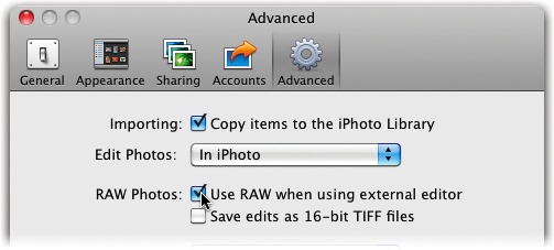 You can now send an edited Raw file out of iPhoto for more sophisticated Raw editing, in a program like Adobe Camera Raw, with a quick double-click. The first step is to turn on the “Use RAW…” checkbox in iPhoto’s Advanced preferences pane.