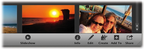 The quickest way to kick off a slideshow in iPhoto is to click the Slideshow button in the toolbar at the bottom of your iPhoto window (or monitor if you’re in Full Screen view).