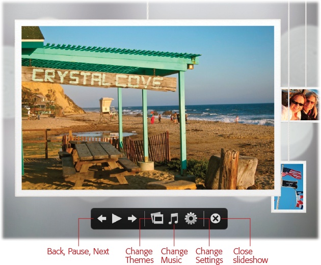 As the slideshow progresses, you can pause the show, go backward, or get to the panel for Themes, Music, and Settings, all courtesy of this onscreen control bar.The Photo Mobile theme was used here. Nifty, ain’t it?