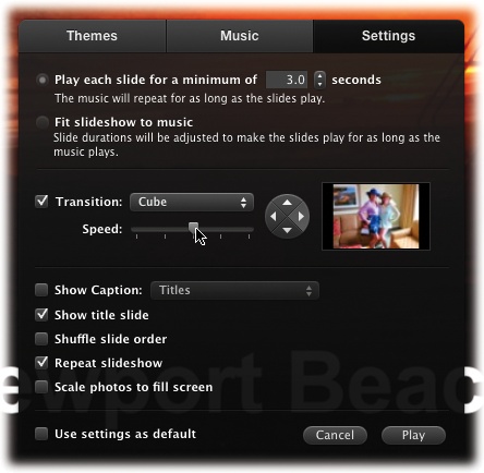 The controls in the Settings panel let you fine-tune the timing and transition between slides. (Depending on your theme, you may not see all these options.) Turn on Transition and use the pop-up menu to test different effects (like Cube or Wipe) for getting from one slide to the next.In the lower part of the panel, you can also choose to display the titles, locations, and descriptions you may (or may not) have spent hours adding to your photos.Turn on “Use settings as default” if you want to save your tinkerings. “Default” here doesn’t mean the default settings for all your iPhoto slideshows, though—just this one.