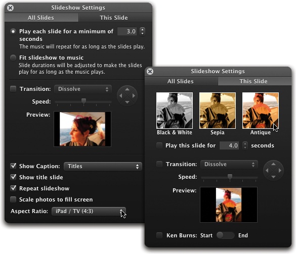 Left: The Slideshow Settings panel’s All Slides pane offers a few new options that you don’t see when creating an instant slideshow. Everything in it is wired for a single purpose: to establish the standard settings for every slide in the show.Right: Of course, you can override these settings on a slide-by-slide basis, if you’d like. The “This Slide” pane lets you change the color of individual slides to black & white, sepia, or antique, as well as the speed of a transition, and the amount of time an individual slide stays onscreen.