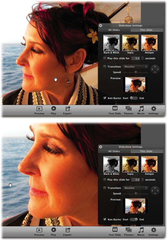 The idea behind the Ken Burns effect is that you set the start and end points for the gradual zooming/panning effect. iPhoto, meanwhile, automatically supplies the in-between frames, producing a gradual shift from the first position to the second. In this case, the Ken Burns effect lets you save the “punch line” of this story-telling photo for the end of its time onscreen.Top: Open the Slideshow Settings box and click the This Slide tab. Turn on the Ken Burns checkbox, and then click Start. Use the Zoom slider (lower left of the iPhoto toolbar) to magnify the photo, if you like. Once you’ve magnified it, you can drag inside the photo to reposition it inside the “frame” of your screen.Bottom: Click End. Once again, use the Zoom slider, and then drag inside the photo, if you like, to specify the final degree of zoom and movement. In both shots here, you can see the tiny “grabbing hand” cursor that appears whenever your mouse wanders into the magnified-photo area.