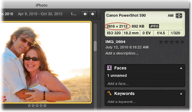 To select the best size for a printout, you need to know a photo’s size in pixels. iPhoto reveals this information in a convenient spot: at the top of the Info panel (circled).