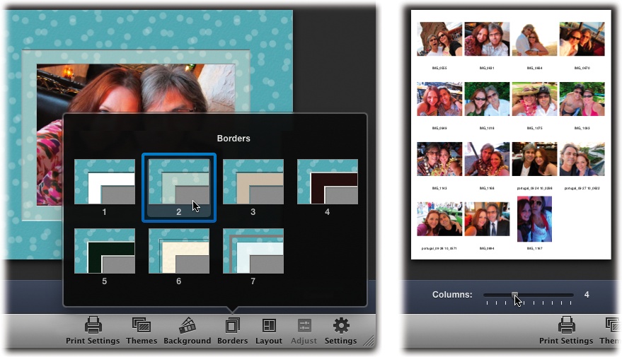 Left: Your seven border options. The right combination of background and border makes for a wonderfully creative print.Right: If you’re creating a Contact Sheet, you don’t get any border options. However, you do get a new Columns slider in the toolbar that lets you control how many columns of thumbnails appear on each page—and therefore how small the thumbnails are.