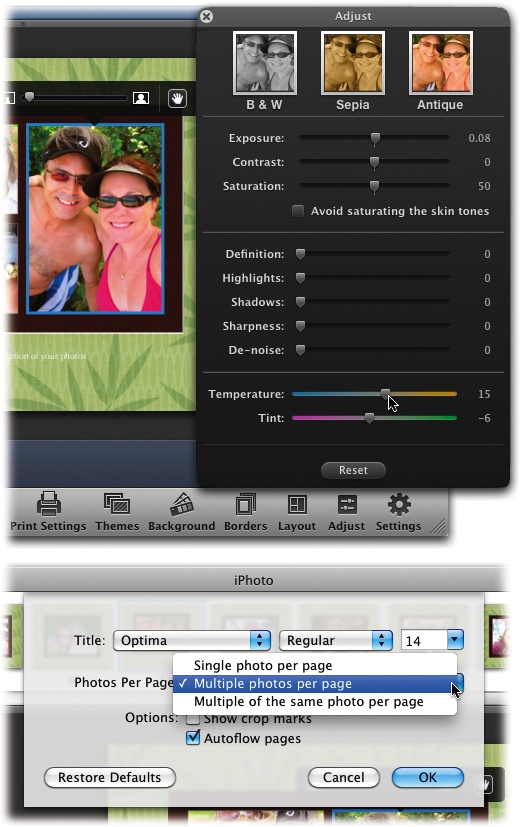 Top: The Adjust panel in page-layout view is nearly the same as the one found in Edit view (though without a histogram). You can use it to fiddle with the image’s exposure, color balance, and so on. You can also convert a photo to black and white, sepia, or antique by clicking one of the three buttons at the top (a great idea if the color in your photo is funky). None of this tweaking affects the original photos in your library.Bottom: In this pane, you can make a few more miscellaneous tweaks to the layout, such as how many photos appear on each page, and adjust the caption typeface and size.