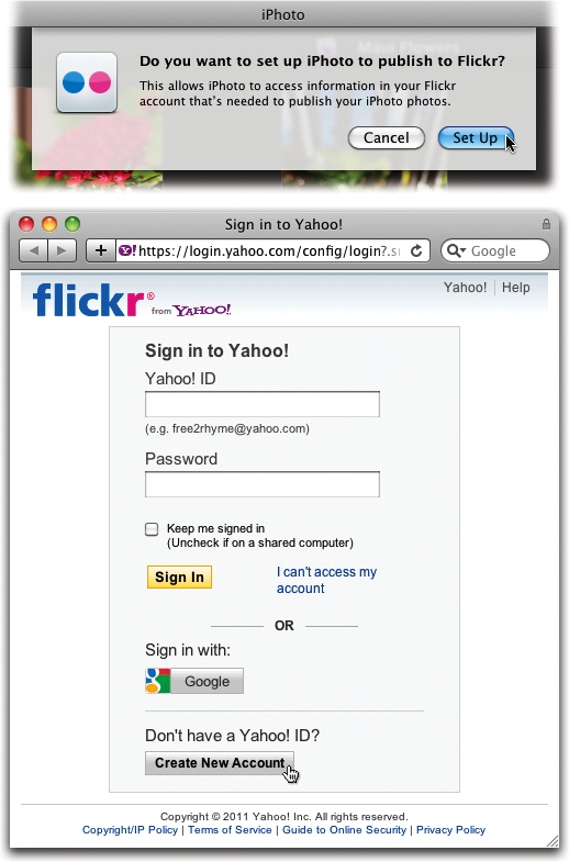 Top: The first time you try to share your photos on Flickr, you’re guided through a short setup process.Bottom: iPhoto opens your web browser so you can log into your Flickr account or create a new one.