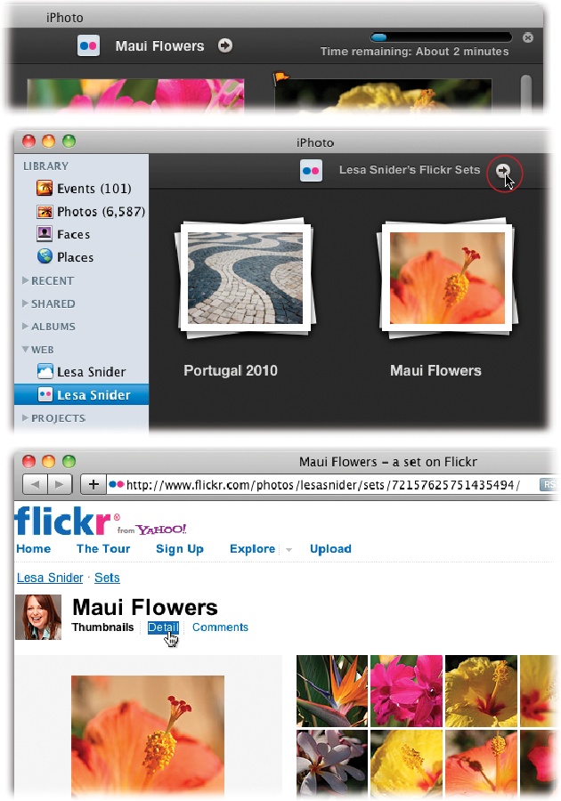 Top: In the black bar at the top of your iPhoto window, a status bar lets you know how long it’ll take to upload your photos (about 2 minutes, in this example).Middle: Back in iPhoto, your Flickr account name appears over in the Source list. Give it a click to see all the photos and sets you’ve uploaded. They appear in the main viewing area, just like Events. Double-click a set’s name to view its contents in iPhoto or click the right-pointing arrow (circled) to visit your Flickr web page.Bottom: Behold, your Flickr page, where copies of your photos now reside.