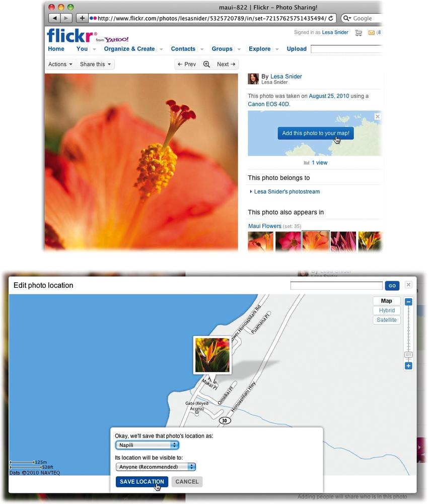 Top: If you didn’t geotag your photos before you sent them to Flickr, you can tag them on your Flickr map instead. Just click a thumbnail to see the photo on its own page and then click “Add this photo to your map” to its right.Bottom: A larger map appears, where you can either type an address or drag the photo to a spot on the map. Then click the Save Location button.You can also map a bunch of photos at once. From your main Flickr page, click the You button in the navigation bar at the top and choose Your Sets. Next, click the Edit link beneath the set you want to change. Click the Map tab at the top of the resulting page, and then drag your photos from the strip at the bottom of the screen to the desired spots on the map.