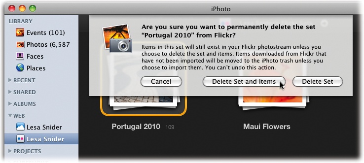You can delete a set from Flickr all at once. Select your Flickr account in iPhoto’s Source list, click the offending set, and then press ⌘-Delete. A panel appears asking exactly what you’d like to delete. Click “Delete Set and Items” to get rid of the set and remove the photos from your photostream. To get rid of the set while leaving your photostream intact, click Delete Set instead.