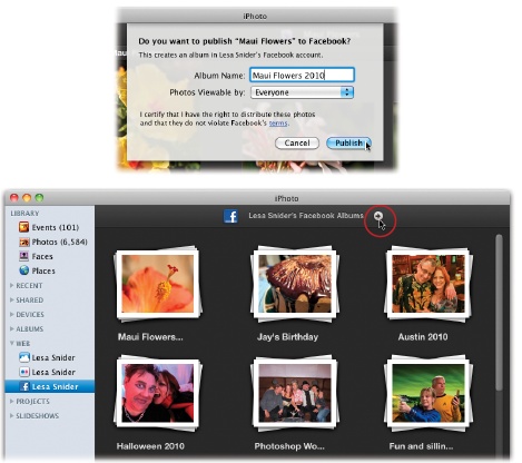 Top: iPhoto lets you manage privacy options on a per-album basis, so you’ll see this pane each time you upload photos to Facebook.Bottom: Once you connect iPhoto to your Facebook account, you see a new icon in your Source list bearing your account’s name. Click this icon to see all the albums you’ve ever published on Facebook, whether you used iPhoto to publish them or not. You can take a quick trip to your Facebook page by clicking the next to your Facebook account’s name (circled).