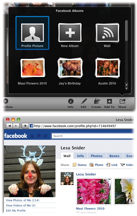 Top: The Profile Picture option appears in the Share menu when you have just one photo selected. Give it a click and iPhoto asks you to confirm your choice. In the resulting message pane (not shown), click Set.Bottom: iPhoto uploads your new mugshot to your Facebook account and sets it as your new profile picture. (Here, you can also see the new Maui Flowers album, which was uploaded back in Figure 8-12.)