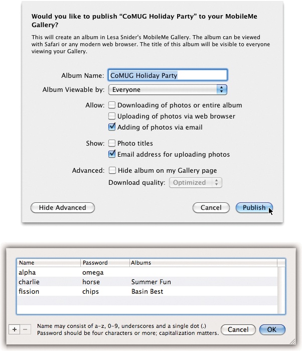 Top: Is your MobileMe album an art gallery, a photo-exchange system, a backup program, or a mobile community bulletin board? These options let you make that choice.Bottom: To password-protect your album, choose “Edit Names and Passwords” from the “Album Viewable by” pop-up menu. Now you see this table, where you can add user names and passwords. Click the button to create a new one. Each album can have just one user name and password, meaning you’ll distribute the same user name and password to everyone in your list of approved visitors.