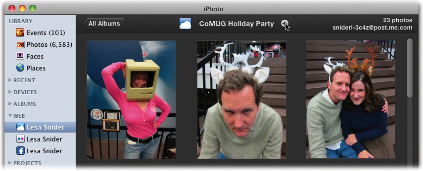 Once iPhoto knows about your MobileMe account, you see a new icon in your Source list bearing the account holder’s name.