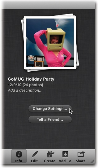 If you’re viewing a MobileMe album and you don’t have any photos selected, the Info panel gives you the option to change the album’s settings or to notify the world of its existence. Click “Tell a friend” to generate an email saying, “You’ve been invited to view an album on MobileMe Gallery,” and includes a big View Album button that readers can click to see your photos. The message also provides the album’s user name and password, if you created them. And if you’ve allowed downloading or uploading, it says, “You can add to this album by mobile phone or email,” and gives the MobileMe-generated email address people can use to upload new pictures to your album.