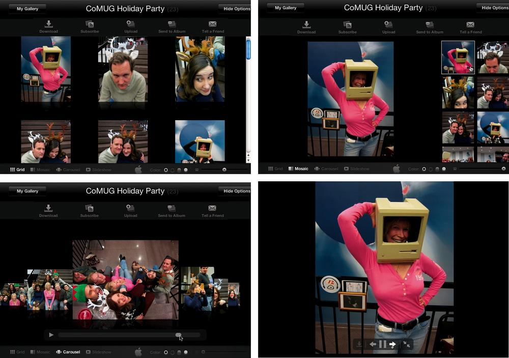 Your finished web gallery at work. Clockwise from top left: Grid, Mosaic, Slideshow, and Carousel presentation modes.
