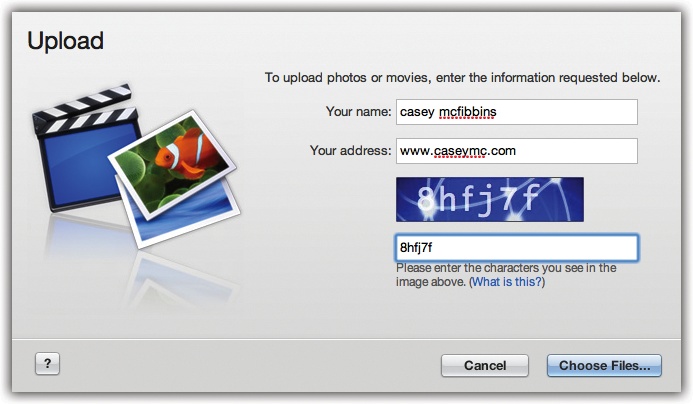 If you permit uploading, your visitors will see an Upload button at the top of your Gallery. Clicking it produces this pane, where uploaders can enter a name and email address. They must also type in the distorted characters in the middle to prove they’re human, and not one of those spam-generating software robots that cruise the Web wreaking havoc.