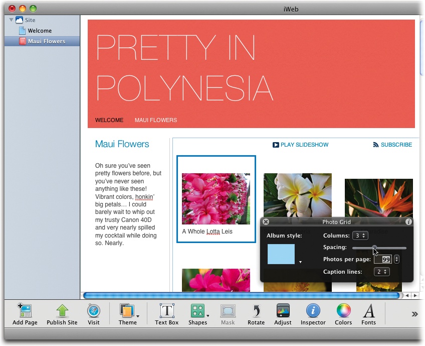 In iWeb, iPhoto shows you what your yet-to-be-published web page is going to look like. iWeb ’11’s new theme Fine Line is shown here.To adjust the layout, click any photo to open the Photo Grid panel. There, you can adjust the thumbnail spacing, number of columns, photos per page, and so on.