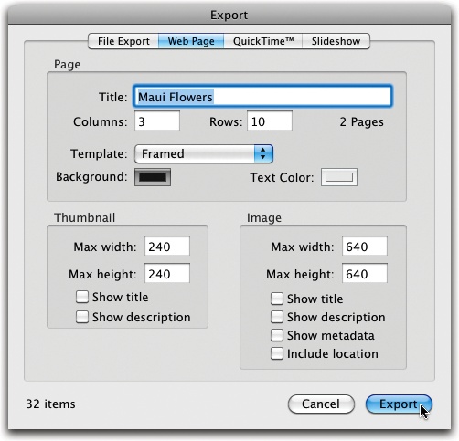 As you change the size of the thumbnails or the grid, the number of pages generated to handle the images changes. The page count, based on your current settings, appears just to the right of the Rows field. The total count of the photos you’re about to export appears in the lower-left corner of the window.The Template pop-up menu offers to put a little frame around each thumbnail. And if you turn on the “Show metadata” checkbox, when someone clicks a thumbnail to open the full-size photo, the camera, shutter, aperture, exposure, and other photographic data appear for analysis and admiration. And you can turn on the “Include location” checkbox to provide the location information in geotagged pictures.