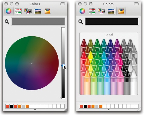 Left: Drag the right-side slider all the way up to see the spectrum of colors available to you. Drag downward to view darker colors.Right: Alternatively, click one of the other color-picking buttons at the top of the dialog box. The crayon picker delights with both ease of use and creative color names, like Lead.