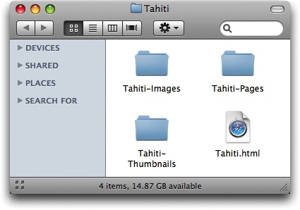 This is what a website looks like before it’s on the Internet. All the pieces are here, filed exactly where the home page (called, in this example, Tahiti.html) can find them.